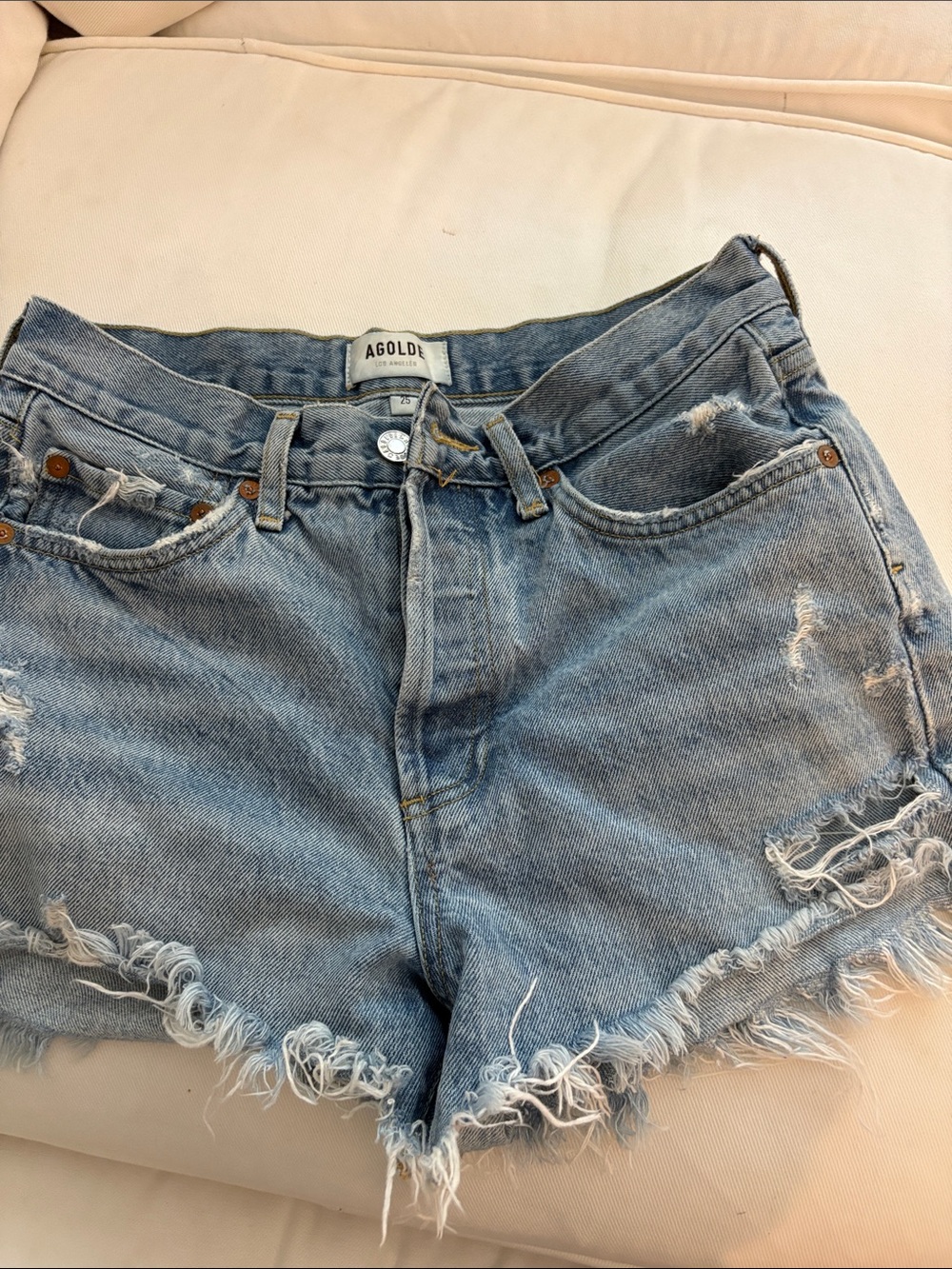 Agolde Light Wash Distressed Denim Cutoff Shorts